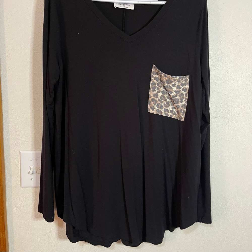 Long Sleeve Black Shirt with Cheetah Print Pocket